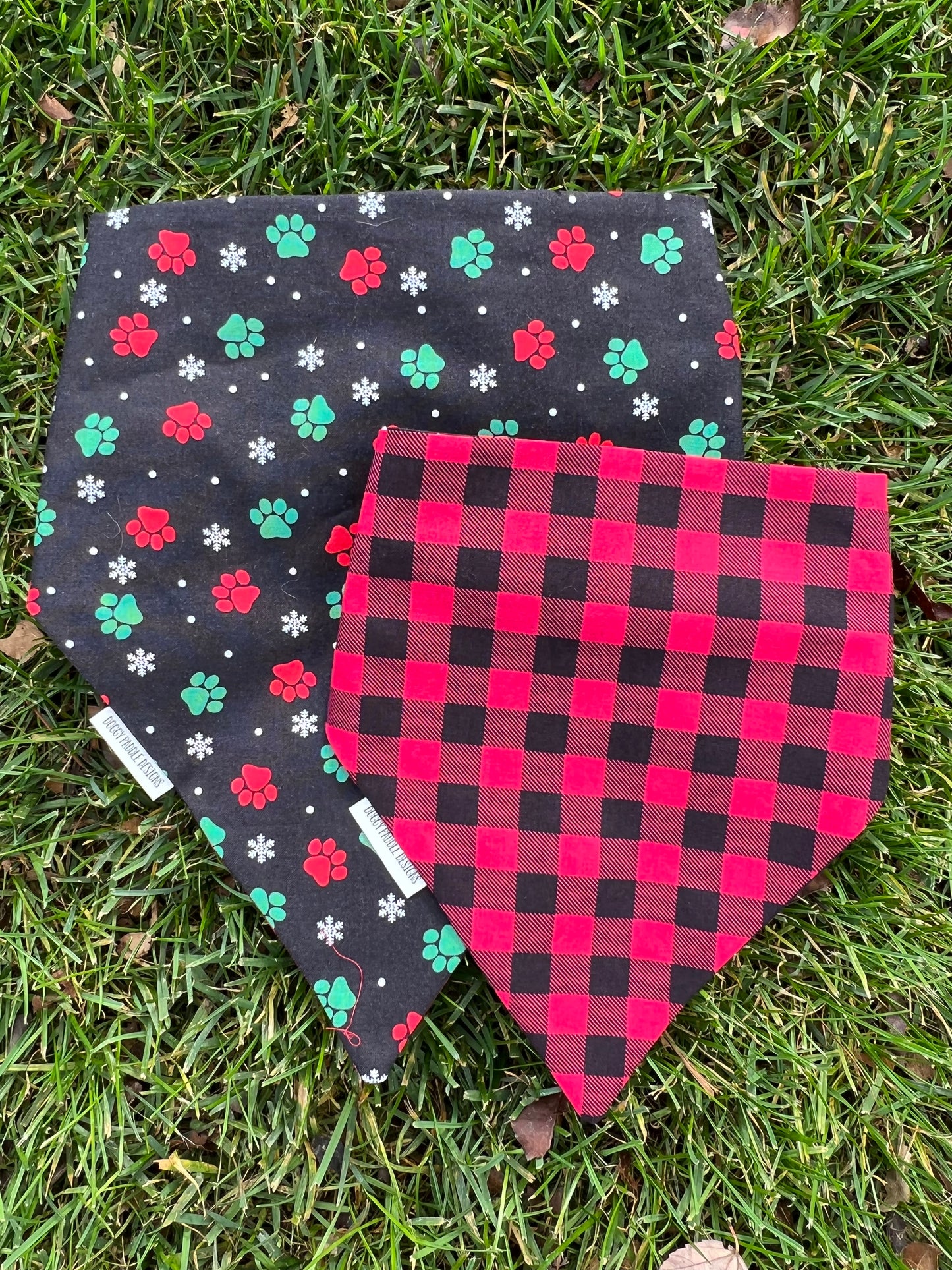 Red and Green Paw Prints Pet Bandana | Red Buffalo Plaid